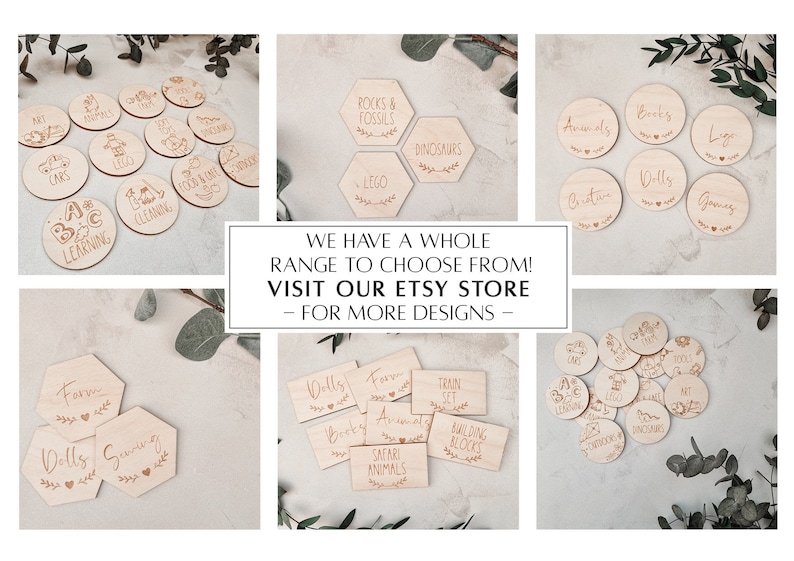 May include: A collection of wooden engraved circles and hexagonal shapes with various themes for children's playrooms. The themes include: art, cars, Lego, learning, farm, dolls, dinosaurs, rocks and fossils, animals, books, Lego, games, train set, building blocks, safari animals, and more. The text "WE HAVE A WHOLE RANGE TO CHOOSE FROM! VISIT OUR ETSY STORE - FOR MORE DESIGNS -" is displayed in the center of the image.