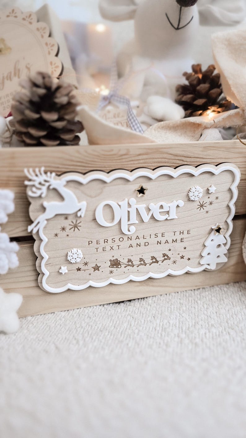 Maple wood plaque featuring 3D white name and gold-star tree design – perfect for festive December baskets or advent countdown crates.