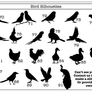 May include: Black and white silhouette images of various birds, including a parrot, cockatoo, goose, chicken, rooster, duck, peacock, and more. The images are numbered 70 through 91.