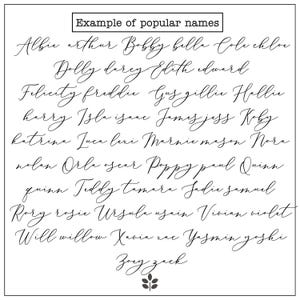 Może przedstawiać: Biały kwadrat z tekstem "Example of popular names" u g&oacute;ry. Poniżej lista imion w kursywie, w tym Albie, Arthur, Bobby, Bella, Cole, Chloe, Dolly, Darcy, Edith, Edward i inne.