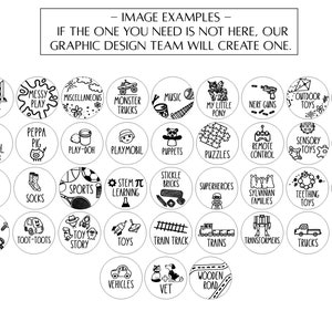 May include: Black and white illustrations of various toy categories, including monster trucks, sports, and musical instruments. The text "IMAGE EXAMPLES" and "IF THE ONE YOU NEED IS NOT HERE, OUR GRAPHIC DESIGN TEAM WILL CREATE ONE." is at the top of the image.