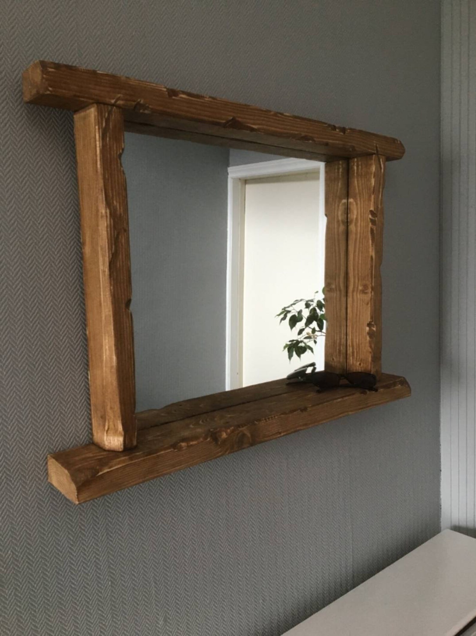 Handmade Rustic Mirror Warm Oak Shelf Mirror Farmhouse Etsy