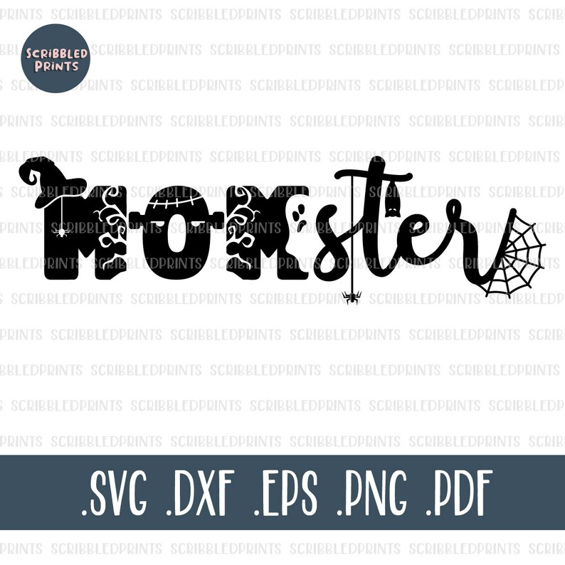 K&ouml;nnte beinhalten: Schwarzwei&szlig;es Grafikdesign des Wortes "Momster" mit Halloween-Elementen, darunter ein Hexenhut, ein Geist, eine Spinne und ein Spinnennetz. Der Text "SVG .DXF .EPS .PNG .PDF" befindet sich unterhalb des Designs.