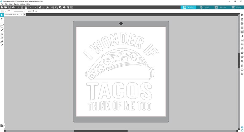 May include: A white outline design of a taco with the text "I wonder if tacos think of me too" on a gray background.