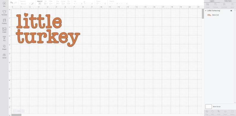 May include: A digital design for a craft project featuring the text "little turkey" in a brown orange color.