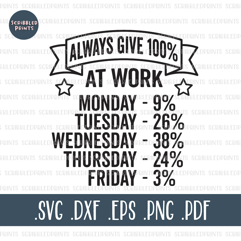 May include: Black and white graphic design with the text "Always Give 100% At Work" and a list of days of the week with percentages next to them. The text "Monday - 9%", "Tuesday - 26%", "Wednesday - 38%", "Thursday - 24%", and "Friday - 3%" is included in the design. The design also includes the text ".SVG .DXF .EPS .PNG .PDF".