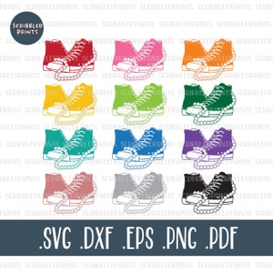 May include: Ten pairs of high-top trainers with a pearl necklace wrapped around them. The trainers are in various colours, including red, pink, yellow, green, blue, purple, brown, grey, and black.