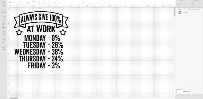 May include: Black and white graphic design with the text "ALWAYS GIVE 100% AT WORK" and a list of weekdays with percentages next to them. The percentages are: Monday - 9%, Tuesday - 26%, Wednesday - 38%, Thursday - 24%, Friday - 3%.