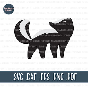 Peut inclure: Silhouette noire et blanche d'une moufette avec une expression joyeuse. La moufette est debout sur ses quatre pattes et a une longue queue touffue.