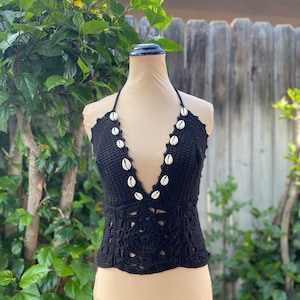 Crochet Halter Tie Beach Shell Cowrie Top