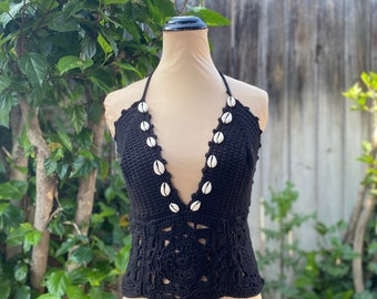 Crochet Halter Tie Beach Shell Cowrie Top