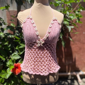 Crochet Sea Shell Halter Tie Beach Top