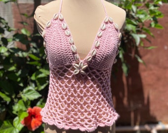 Crochet Sea Shell Halter Tie Beach Top