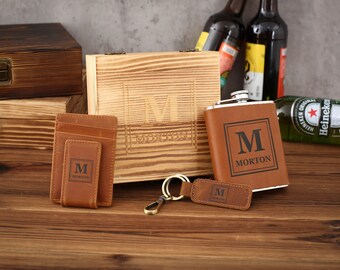 Personalized Groomsmen Gift Box Set, Leather Flask Keychain, Money Clip