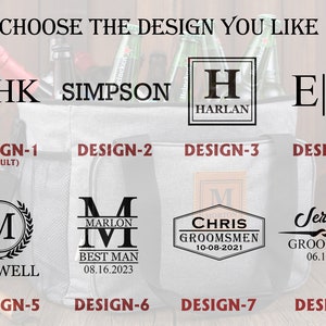 May include: Eight different designs for a personalized cooler bag. The designs feature a variety of fonts and styles, including a monogram, a name with a date, and a simple initial. The designs are shown on a gray cooler bag.