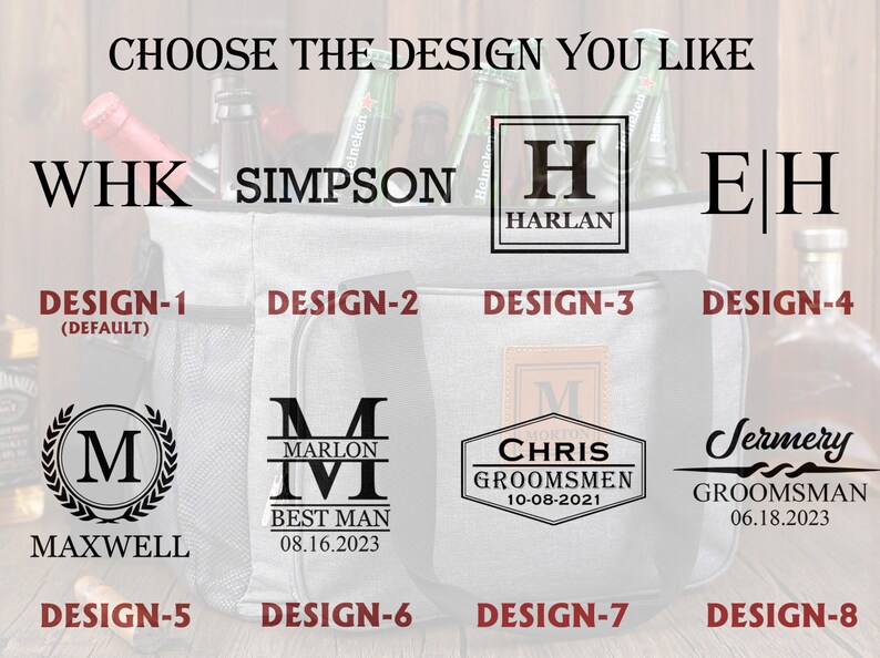 May include: Eight different designs for a personalized cooler bag. The designs feature a variety of fonts and styles, including a monogram, a name with a date, and a simple initial. The designs are shown on a gray cooler bag.