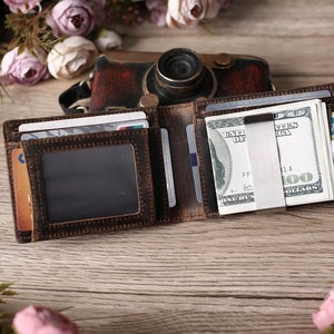 Billetera personalizada para hombre, billetera AirTag con clip para dinero de cuero genuino, ventana de identificación transparente, regalo de cumpleaños, regalo de aniversario, billetera con escritura a mano para hombres