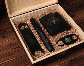 Coffret cadeau personnalisé pour garçons d'honneur, fiole, décapsuleur, boîte en bois