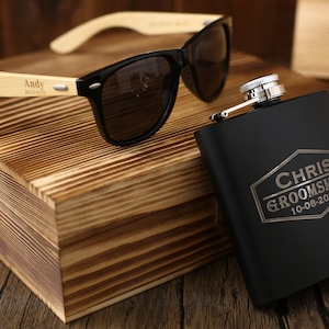 Groomsmen Gifts, Groomsmen Gift Set, Best Man Gift, Groomsman Gift, Groomsmen Proposal, Personalized Flask Set with Sunglasses in Wooden Box