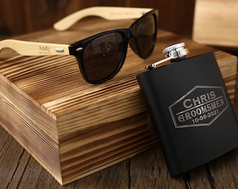 Set de regalo personalizado para padrinos de boda: frasco, gafas de sol y caja de madera.