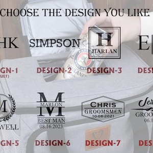 K&ouml;nnte beinhalten: Acht verschiedene Designs f&uuml;r eine K&uuml;hltasche. Die Designs beinhalten ein Monogramm, einen Namen mit Datum und ein Design f&uuml;r einen Trauzeugen. Die K&uuml;hltasche ist grau mit einem braunen Ledergriff.
