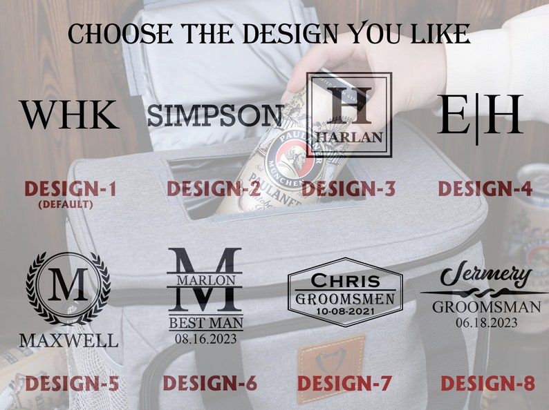 K&ouml;nnte beinhalten: Acht verschiedene Designs f&uuml;r eine K&uuml;hltasche. Die Designs beinhalten ein Monogramm, einen Namen mit Datum und ein Design f&uuml;r einen Trauzeugen. Die K&uuml;hltasche ist grau mit einem braunen Ledergriff.