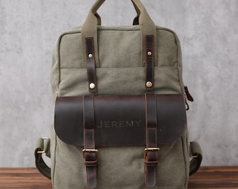Personalized Leather And Canvas Backpack, Custom Laptop Backpack, Travel Backpack, Handmade School Rucksack, Christmas Gifts, Gifts For Men