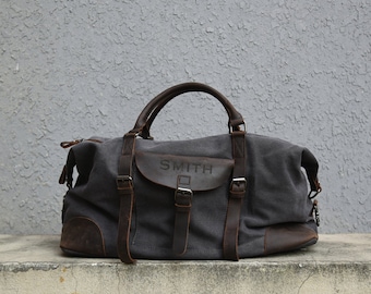 Personalized Canvas Weekender Bag, Leather Duffle Bag, Groomsmen Gift