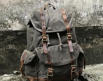 Personalized Waxed Canvas Backpack Large Travel School Bag Gift for Him Mens Laptop Rucksack Christmas Gifts ideas Unisex Weekender Backpack