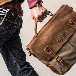 Personalized Full Grain Leather Canvas Messenger Bag Mens Waxed Canvas –  LISABAG