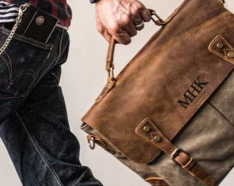 Personalized Waxed Canvas Messenger Bag, Leather Laptop Briefcase