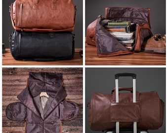 Personalized Leather Garment Duffle Bag, Shoes Compartment, Weekender Carryall