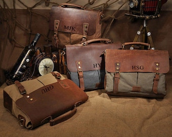 Personalized Canvas Messenger Bag, Leather Laptop Briefcase, Vintage Courier Bag