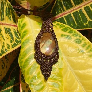 May include: A brown macrame pendant necklace with a large, oval-shaped, iridescent stone. The necklace is displayed against a backdrop of yellow and green leaves, creating a natural and earthy aesthetic. The pendant is intricately knotted.