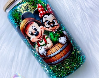 Ready to Ship, 16oz Snowglobe Glass Tumbler, Minnie and Mickey Inspired Glitter Cup, Birthday Gift, Christmas Gift, Mothers Day Gift