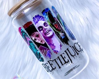 Beetlejuice Inspired 16oz Glass Tumbler, Bamboo Lid