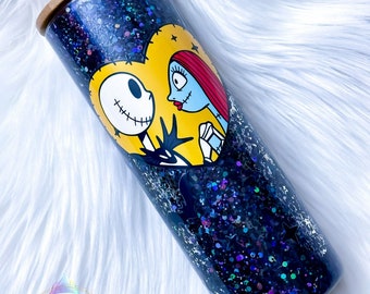 Jack & Sally Inspired 20oz Glass Tumbler, Bamboo Lid, Straw