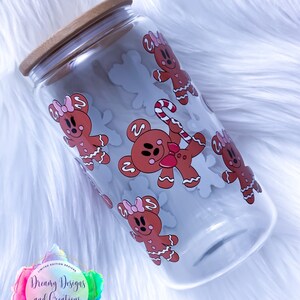 Ready to Ship, 16oz Custom Glass Tumbler, Mickey Gingerbread Inspired Cup, Birthday Gift, Christmas Gift, Glass Cup, Coffee Cup