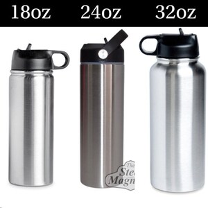 Pode incluir: Tr&ecirc;s garrafas de &aacute;gua de a&ccedil;o inoxid&aacute;vel com tampas e al&ccedil;as pretas. As garrafas s&atilde;o etiquetadas como 18oz, 24oz e 32oz.