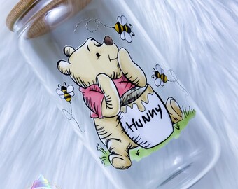 Ready to Ship, 16oz Custom Glass Tumbler, Winnie the Pooh Inspired Cup, Birthday Gift, Christmas Gift, Glass Cup, Coffee Cup