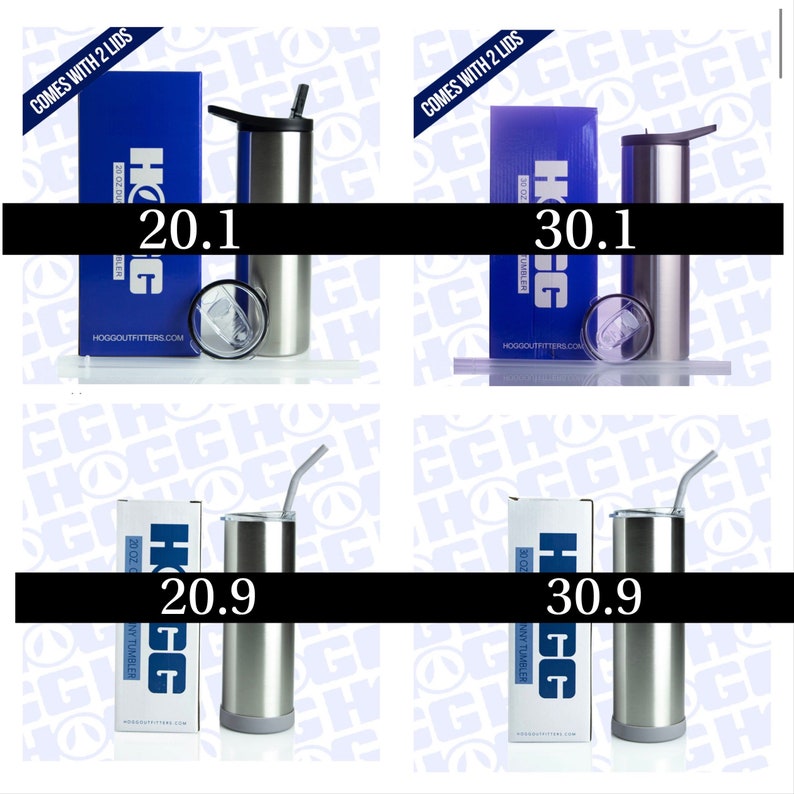 Puede incluir: Cuatro vasos de acero inoxidable con tapas y pajitas. Los vasos est&aacute;n disponibles en dos tama&ntilde;os, 20 oz y 30 oz. Cada vaso est&aacute; al lado de una caja con el nombre de la marca "HOGG" y el tama&ntilde;o del vaso impreso en ella. Las cajas son azules y moradas.