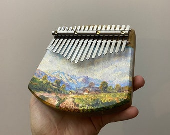 Painted 17 key oak kalimba, rustic painting, musical instruments, meditation gifts, thumb piano