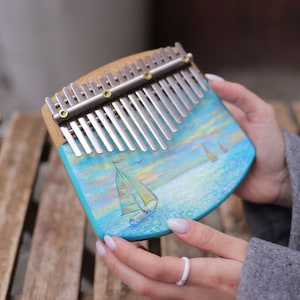 Hand painted blue kalimba with nautical painting, musical instrument, fathers day gift, mbira, gift for him