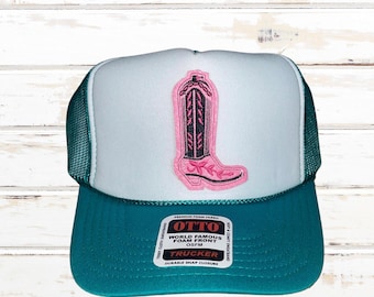 Trucker Hat with Pink and Black Boot Patch