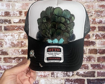 Feather Trucker Hat with Western Hat Pin