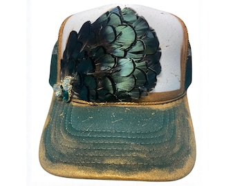 Feather Trucker Hat Custom Painted Gold with Dragonfly Charm