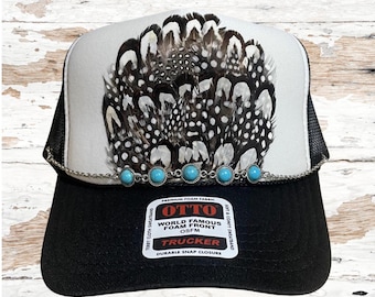 Feather Trucker Hat with Hat Chain