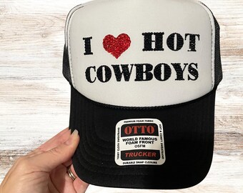 I Love Hot Cowboys Trucker Hat - Western Style Cap Accented With Preciosa Maxima Crystals