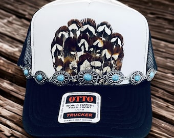 Feather Trucker Hat with Hat Chain