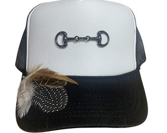 Horse Bit Trucker Hat with Feathers & Turquoise Charm